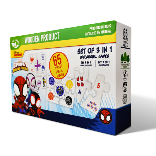 Disney Junior Spidey & Friends Wooden Educational Puzzle & Flash Card Game Set (65 Pieces)
