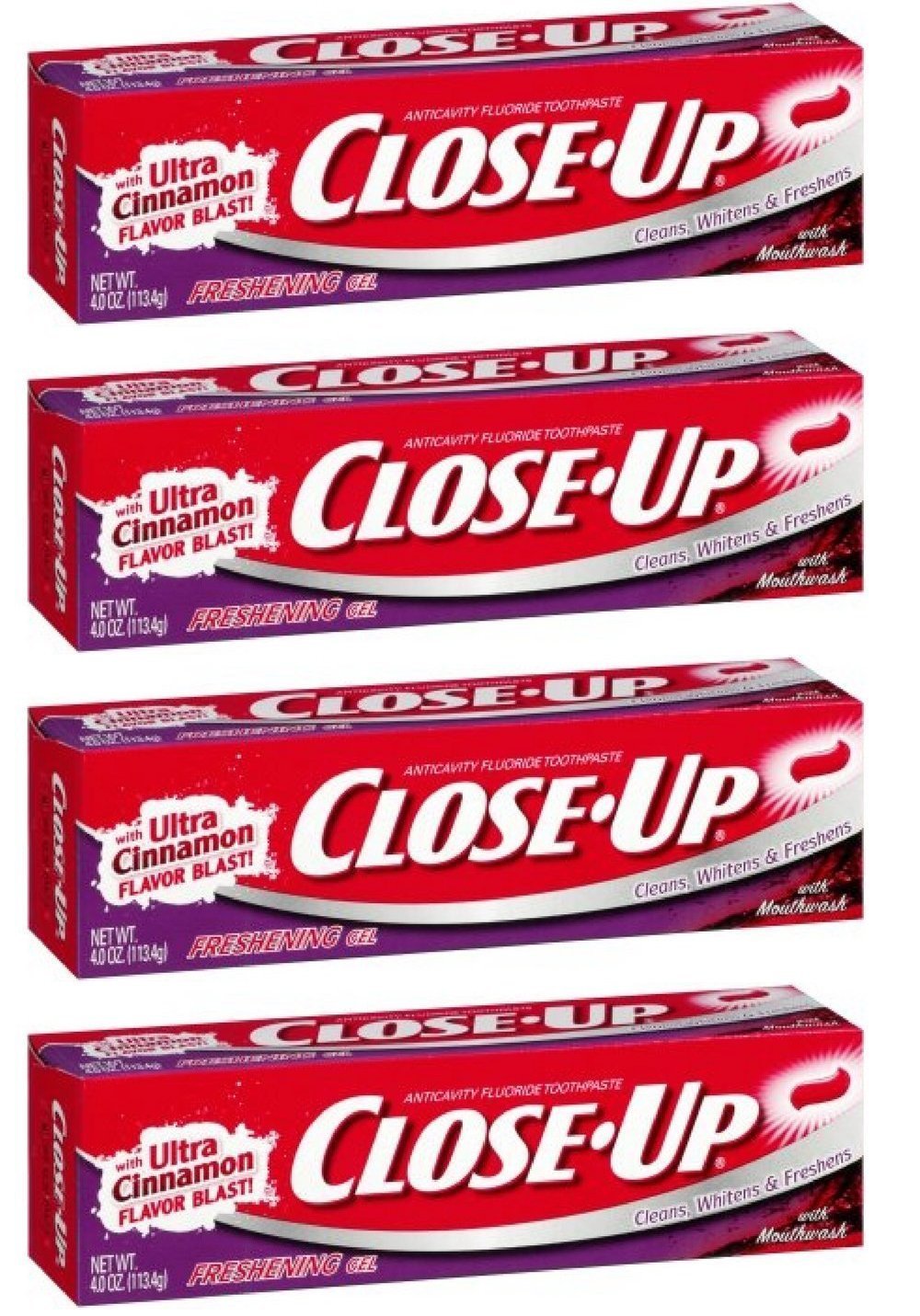 Close-Up Fluoride Toothpaste, Freshening Red Gel 4 oz, Pack of 4