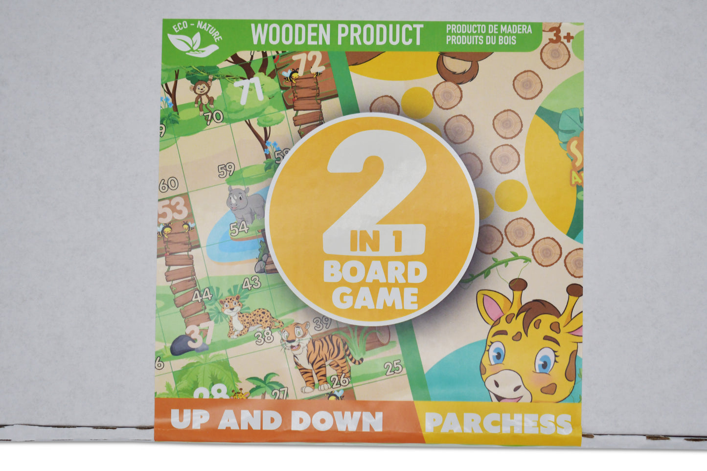 2-in-1 Wooden Animal-Themed Board Game – Up and Down + Parchess, Ages 3+