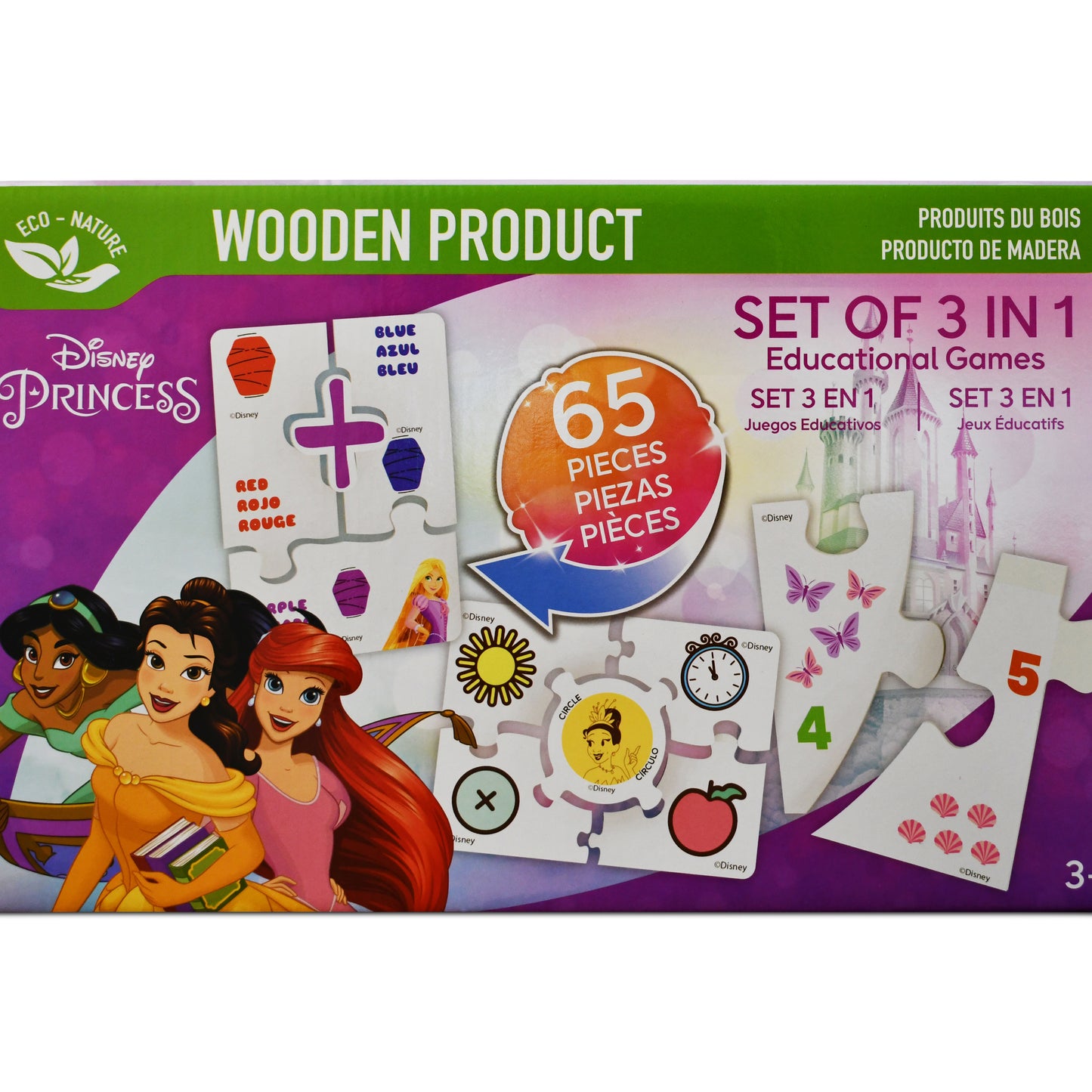 Disney Princess Wooden Educational Puzzle & Flash Card Game Set (65 Pieces)
