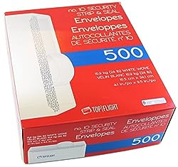 Top Flight #10 Security Strip & Seal Envelopes, 24Lb, 4 1/8"X9 1/2" 500-Count